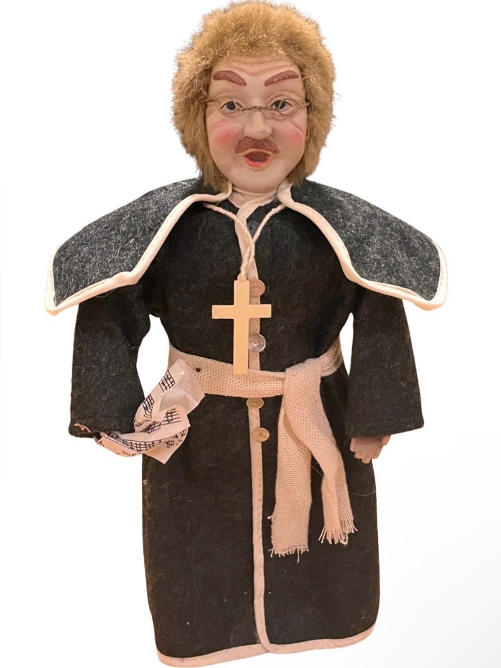 Vintage Handcrafted Clerical Priest Doll Figurine - Felt Robe & Wooden Cross